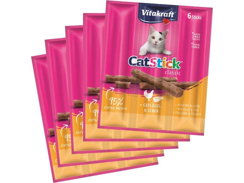 Vitakraft Katzen-Snack Cat-Stick mini Geflügel & Leber, 5 x 6 Stk.