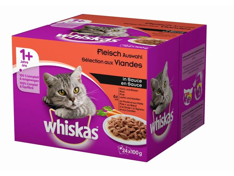 Whiskas Nassfutter 1+ Fleisch Auswahl in Sauce, 24 x 100g